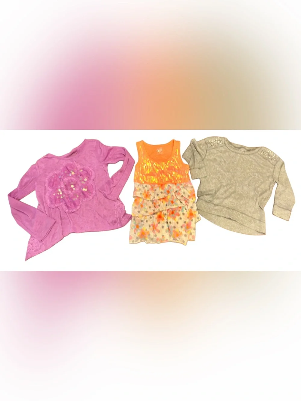 Justice Orange Sequin & Floral Ruffle Tank Top